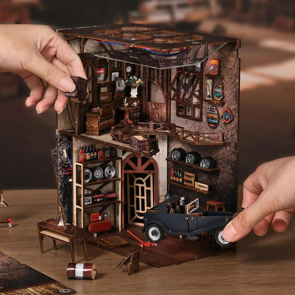 Tecnock3D 3D Book Nook DIY Miniature Wooden Assembly Kit with LED Exquisite Interior Gift for Adults and Hobbies Car Repair Kit, Diorama, House,