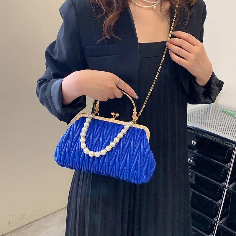 Fashion Women Orange Green Shoulder Bags Prom Clutch Pearl Chain Crossbody Bags Female Chic Totes Pu Leather Handbags And Purse