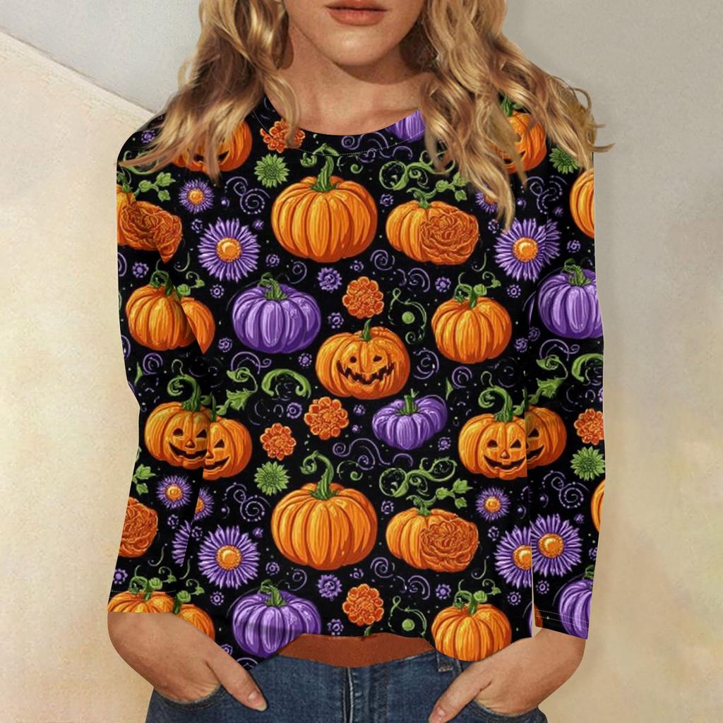 Women's Fashion Casual Halloween Printed Round Neck Long Sleeve Pullover Top