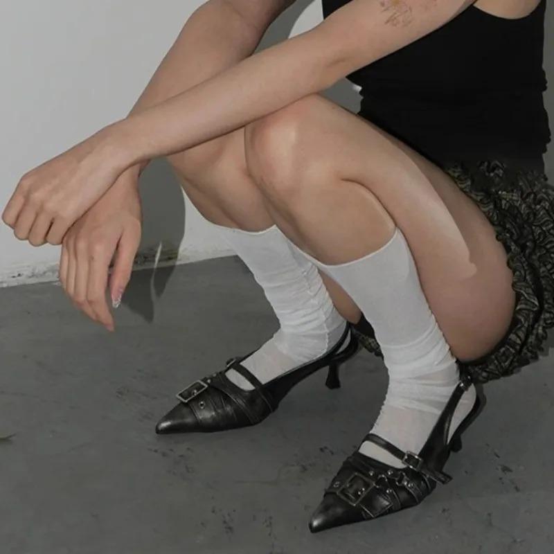 Fashion 2025Vintage Stiletto Sandals Fall New Pointed Toe Shallow Rivet Metal Buckle One Strap Anti-Slip Wear-Resistant High Heels