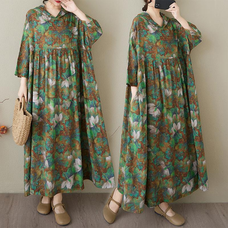 DIMANAF 2025 Mărimi Mari Rochie de Bază de Vară pentru Femei Imprimeu Floral Vintage Casual Larg cu Glugă Rochie Lungă Maxi