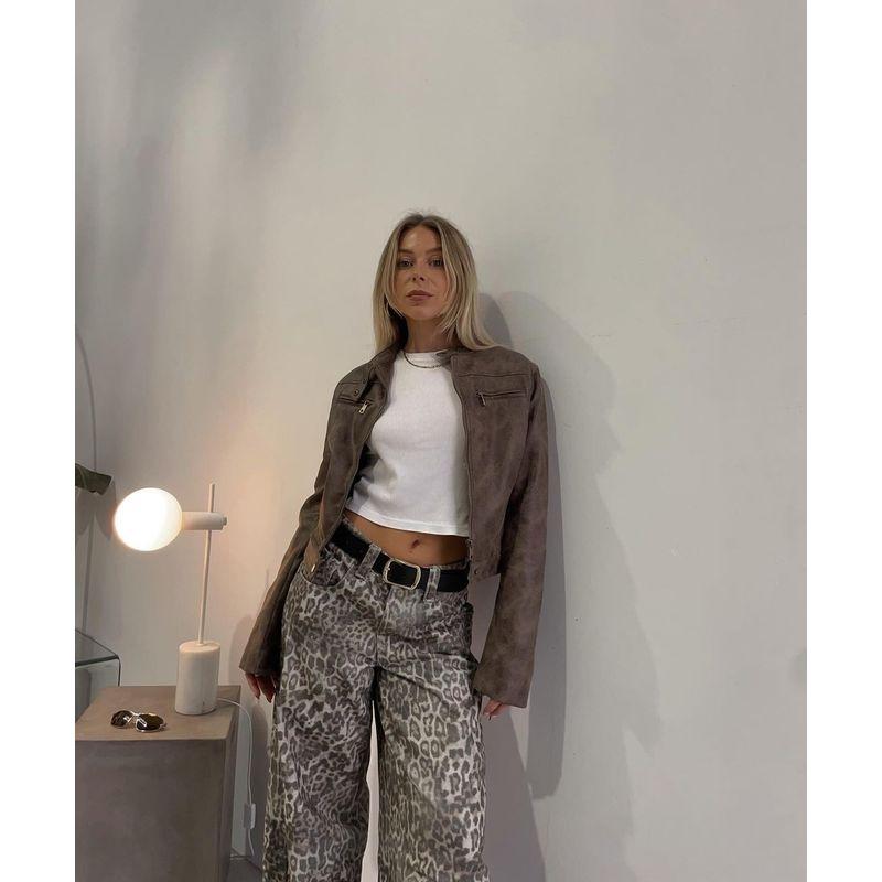 

American vintage Relaxed Fashionable Leopard Print Lower Waist Level Loose Wide-Leg Pants Women Straight Casual Cargo Jeans Women Leopard print XL