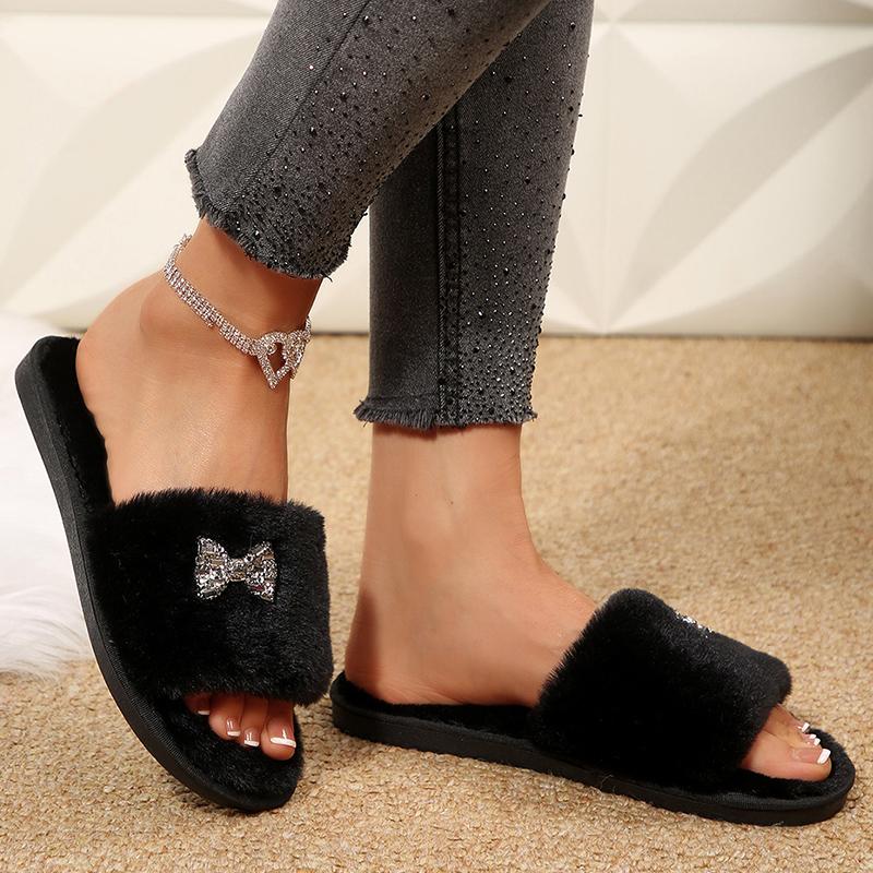 Móda Módní Mašle Detor Plyšové Pantofle Dámské Měkké Huňaté Domácí Bavlněné Pantofle Žena Otevřená Špička Protiskluzové Bavlněné Nazouváky Dámské