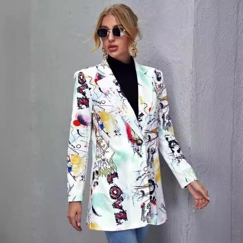 European & American Women's Mid-Length Printed Casual Blazer - Spring/Autumn 2024 Fashion