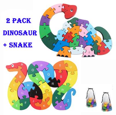 2 Pack - English Letters Toys Brains Lovely Wooden Snake Dinosaur Puzzles 3D Puzzle Educational Children Wooden Toy