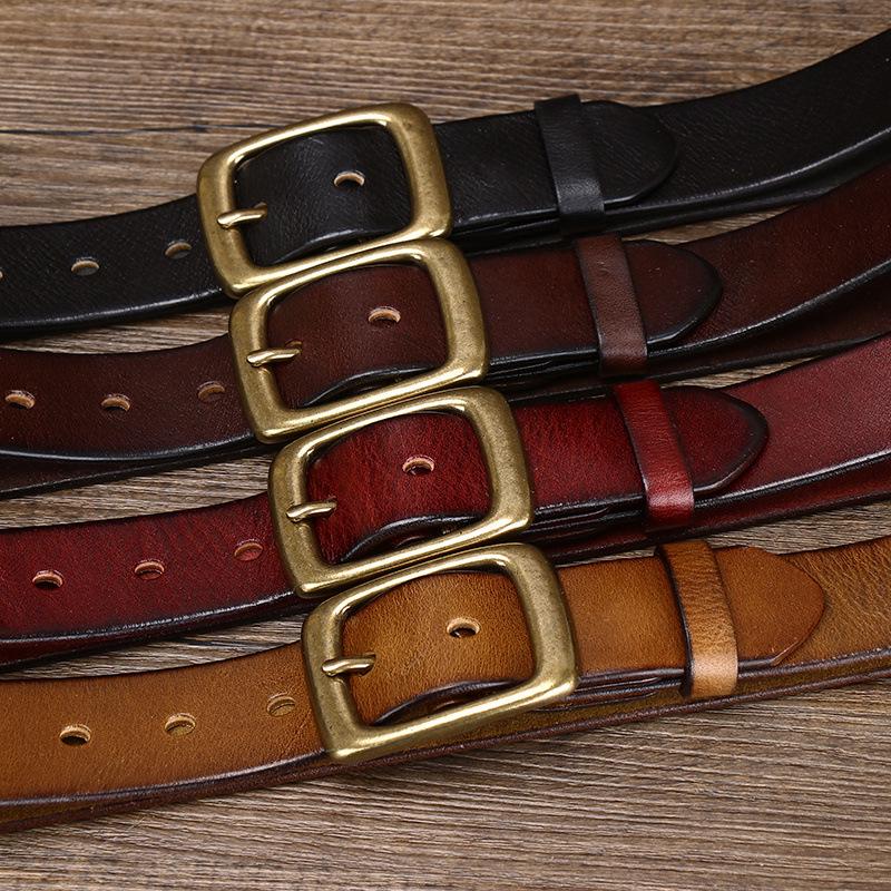 3.3CM Wide Vintage Washed Top Grain Leather Belt with Copper Buckle - Unisex, Korean Style Trend
