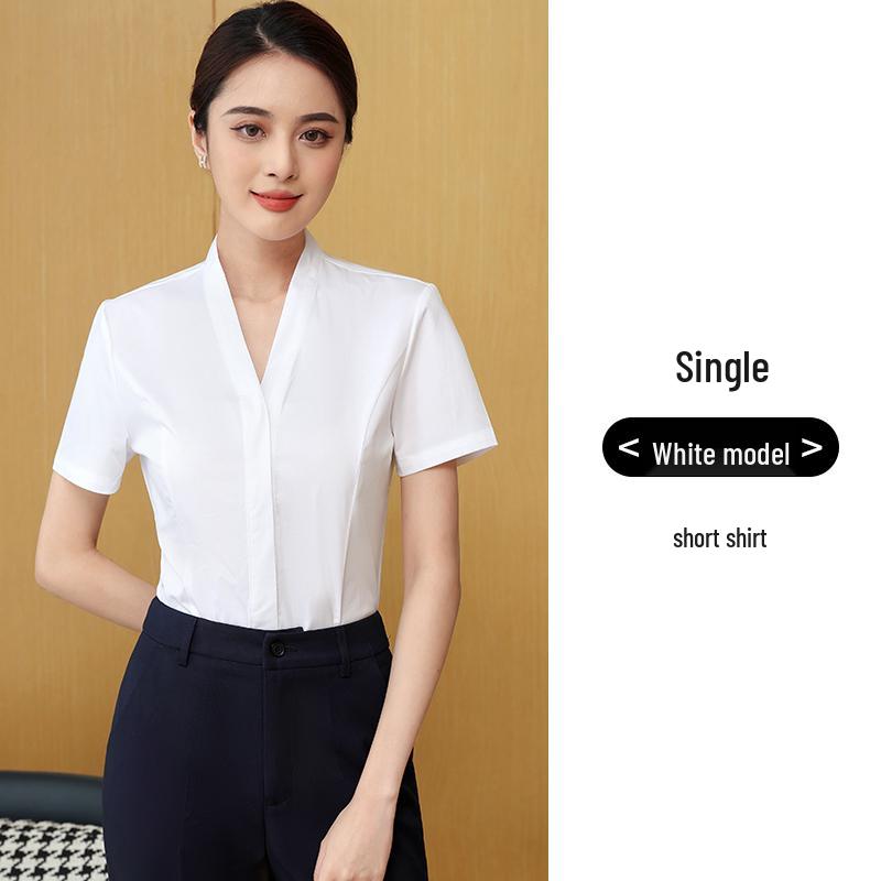 Women s Collarless White V-Neck Short Sleeve Professional Shirt - Summer 2025 Workwear for Interviews S