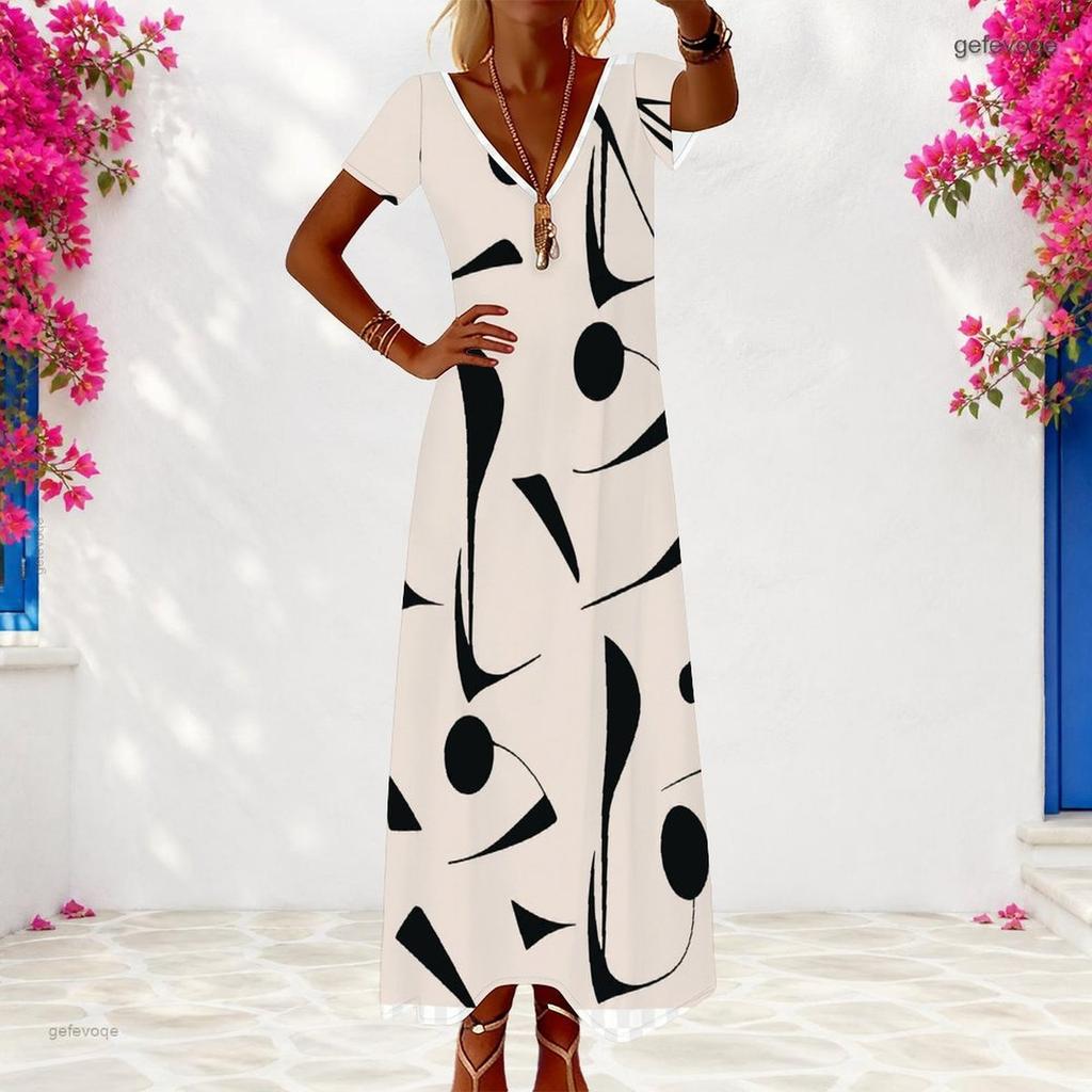 Women Plus Size V Neck Short Sleeve Colorful Printed Loose Long Dress