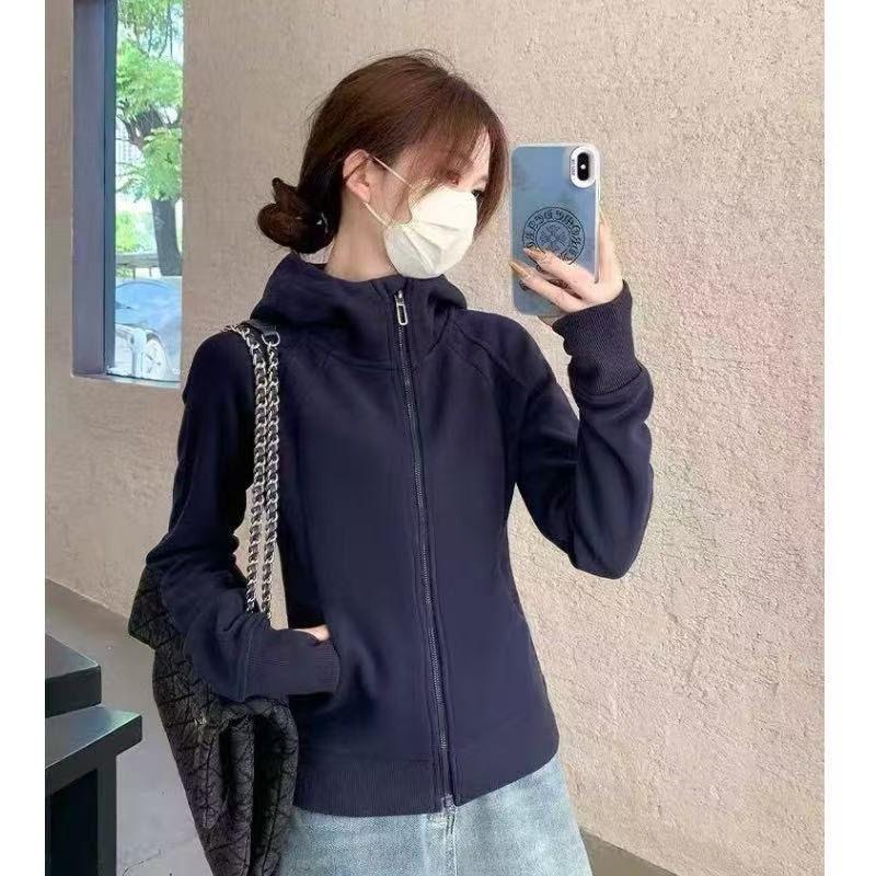 Women's Cotton Blend Fitted Zip-Up Hooded Sweatshirt - Stylish Autumn Cardigan for Yoga & Sports