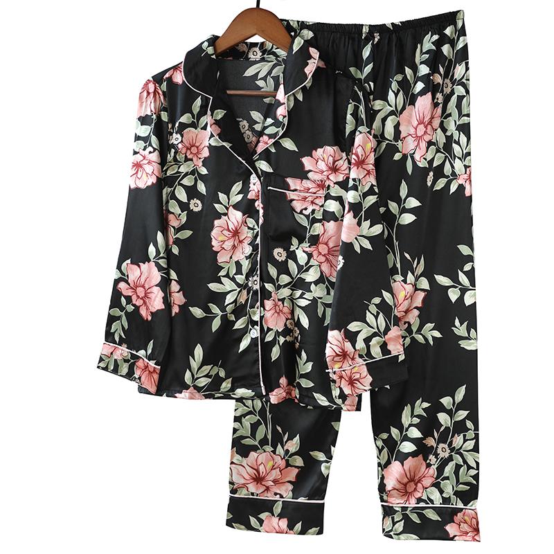 Drucken Blumen Pyjamas Set Frauen Koreanische Hause Tragen Lange Ärmeln Set Satin Lange Hose Casual Chic Nachtwäsche Trend