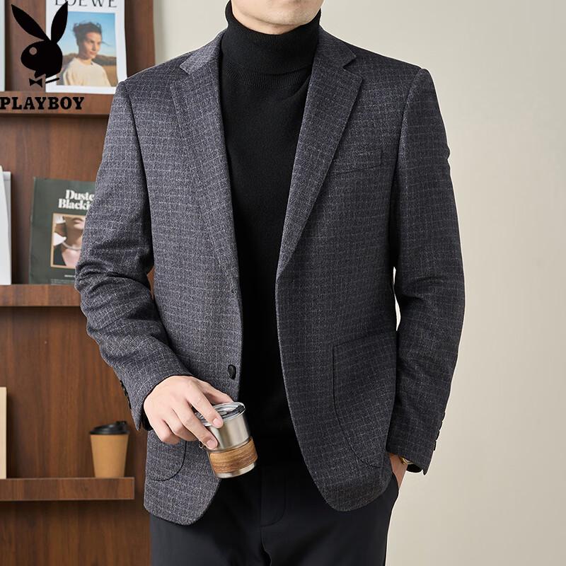 PLAYBOY Men's Wool Blend Business Casual Plaid Blazer