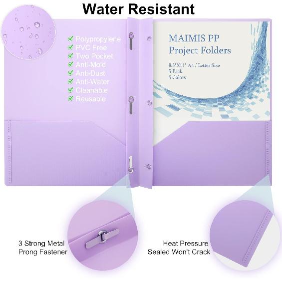 Plastic File Folders with Pockets - (5 Pack, Assorted Colors) Heavy Duty 3 Hole Two Pocket Folder with Pockets 3 Prong Folders A4 Letter Size Colored
