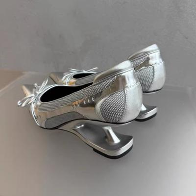 New Bow Mary Jane Sport Retro Pointed Toe Shallow Mouth Splice Surface Suspension Heel Anti-Slip Wear-Resistant High Heels