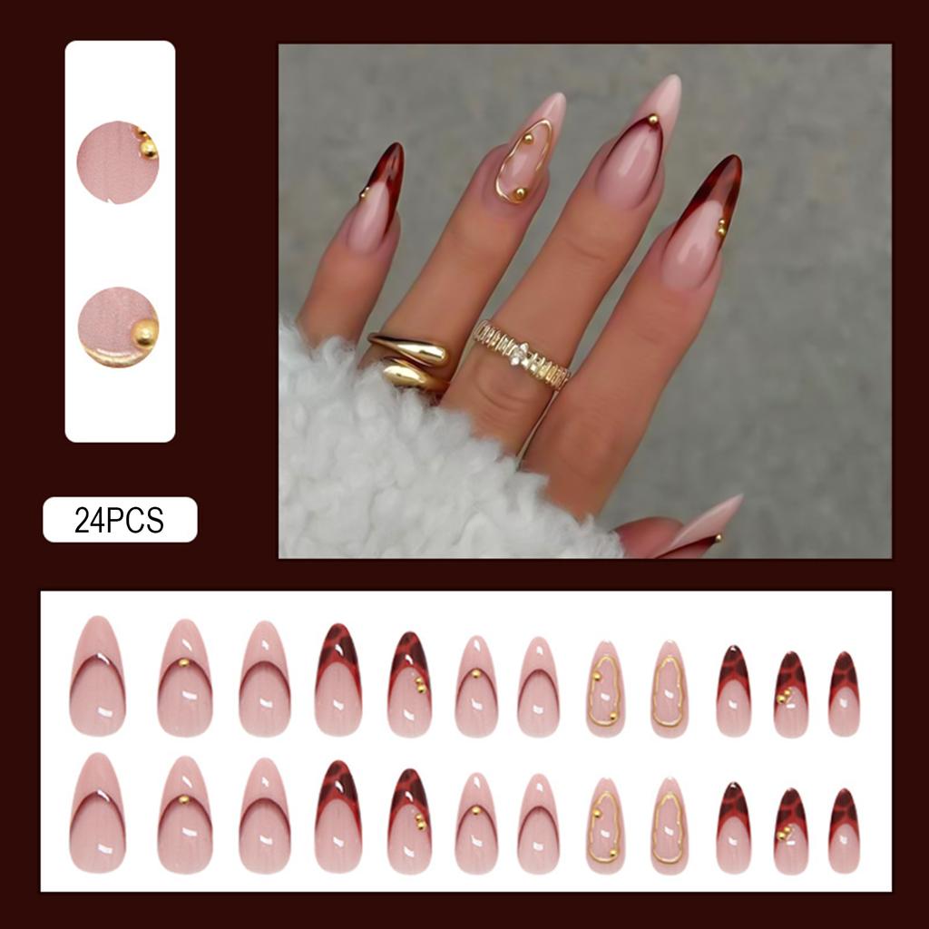 3D Gold French Style Fake Nails 24 Pieces Set With Metallic Decorations For Parties Weddings