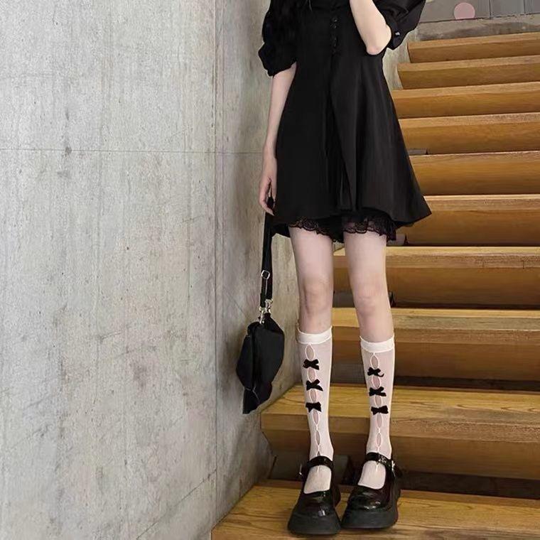 Chaussettes mi-mollet Lolita style japonais à nœud papillon | Dentelle ajourée Pure Désir - Été fin & Polyvalent JK