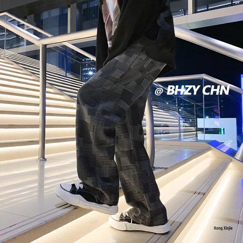 Herrenjeans im Hongkong-Stil, locker mit weitem Bein: Frühlings-Freizeit-Unregelmäßige Quadratische Wischhose