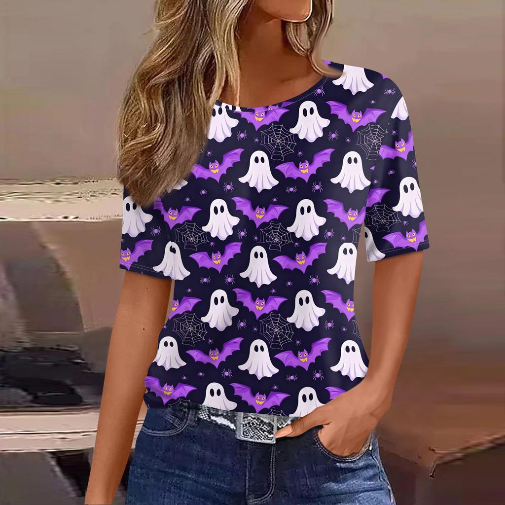 Women's Casual Short Sleeve Pullover Top Halloween Pumpkin Bat Print Round Neck Fashionable Relaxed Fit Shirt for Everyday Wear