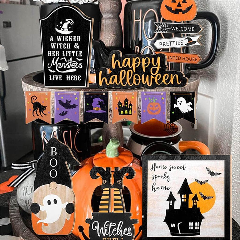 14 Pcs Halloween Tiered Tray Decor Set Cute Halloween Wooden Signs Rustic Gnomes Trick Or Table Sign For Halloween Party Favors