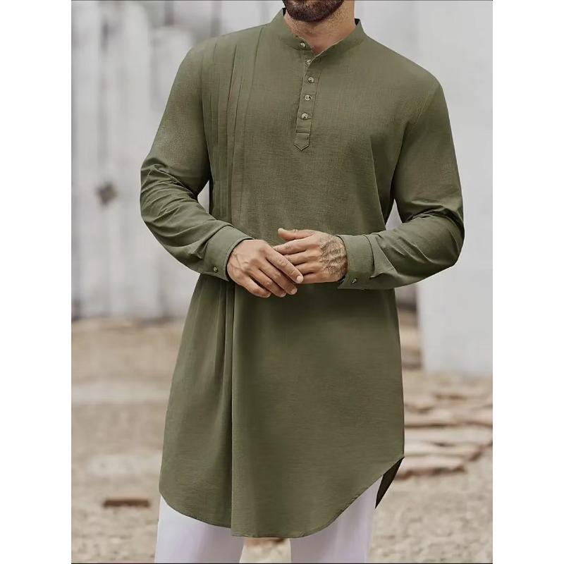 New-style plain-coloured cotton-linen button-down long-sleeved casual shirt for Muslim men