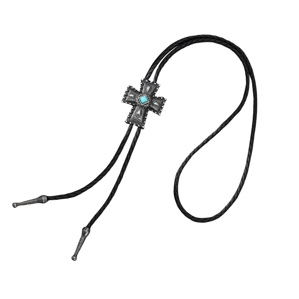 Men's Rodeos Bolo Tie with Turquoises Crosses Pendant Faux Leather Cord Necktie Adjustable Chain Shirt Collar Necklace