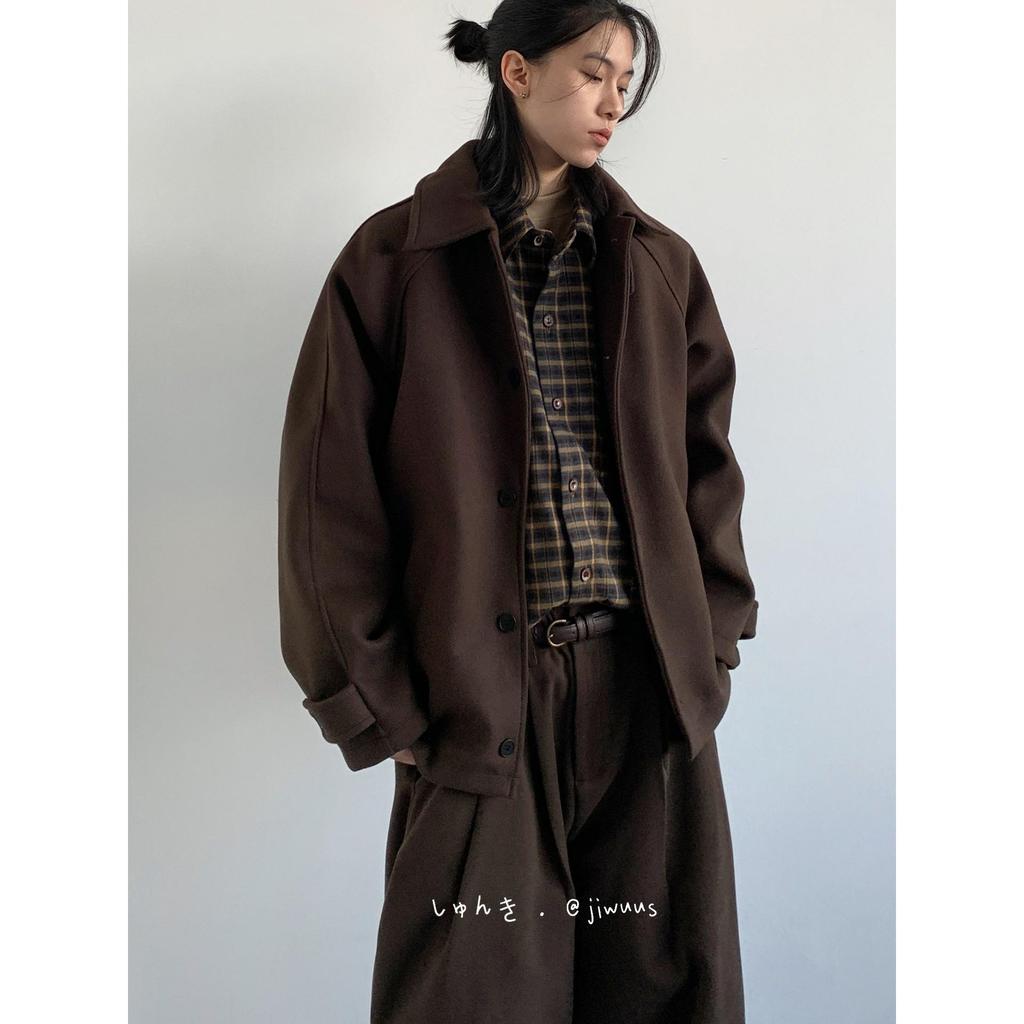 Unisex Retro Coffee Woolen Coat with Raglan Sleeves
