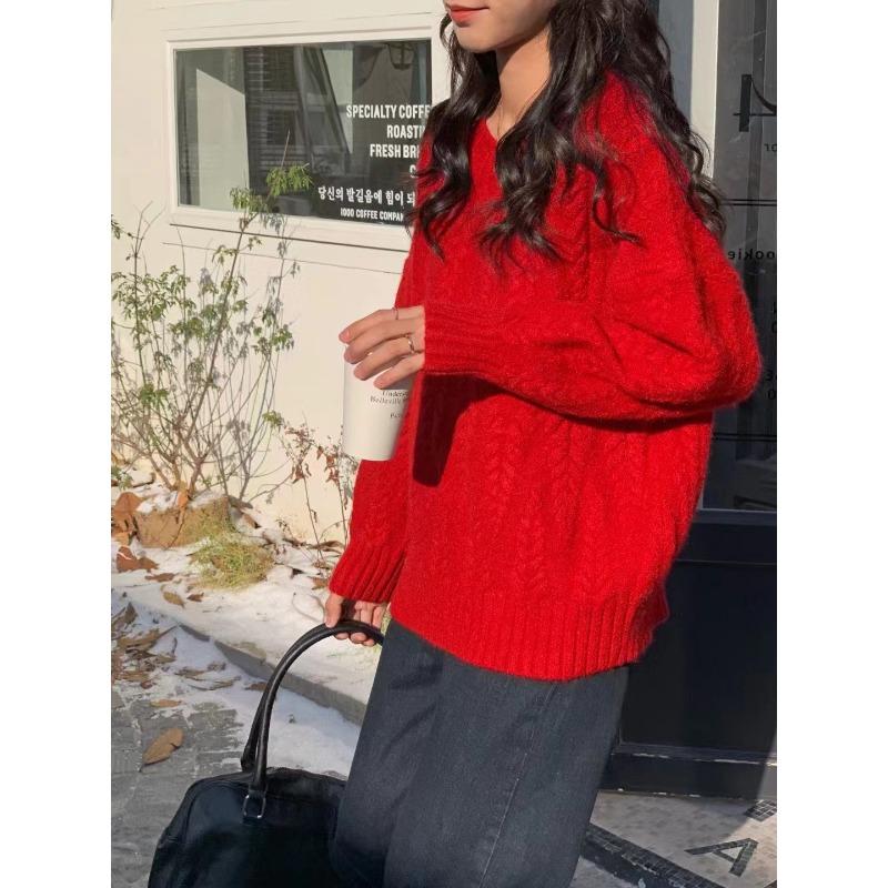 Autumn and Winter New Fashion Pink Gentle Soft Waxy Lazy Style High-end Pullover Knitted Sweater Twist Sweater Women