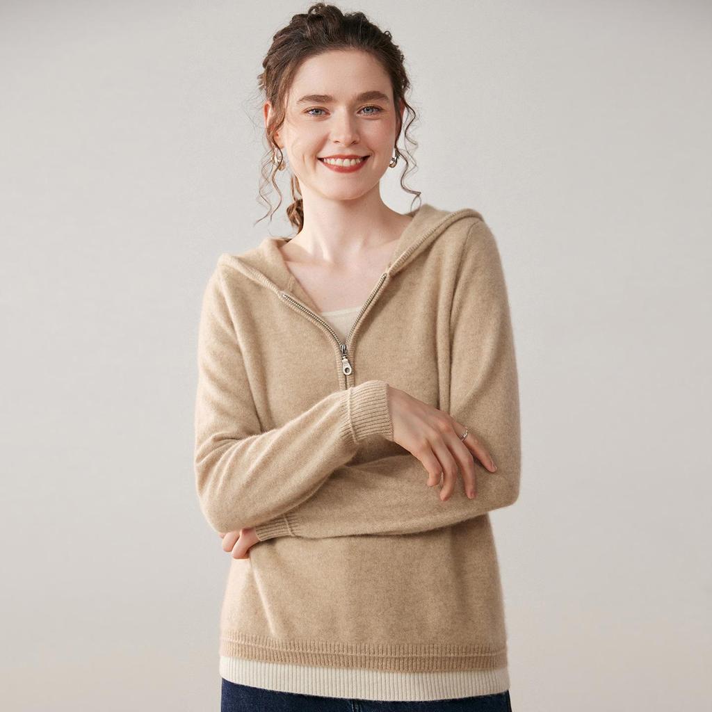 Women's Faux Two-Piece Hooded Cashmere Cardigan - Autumn/Winter Knit Outerwear Sweater