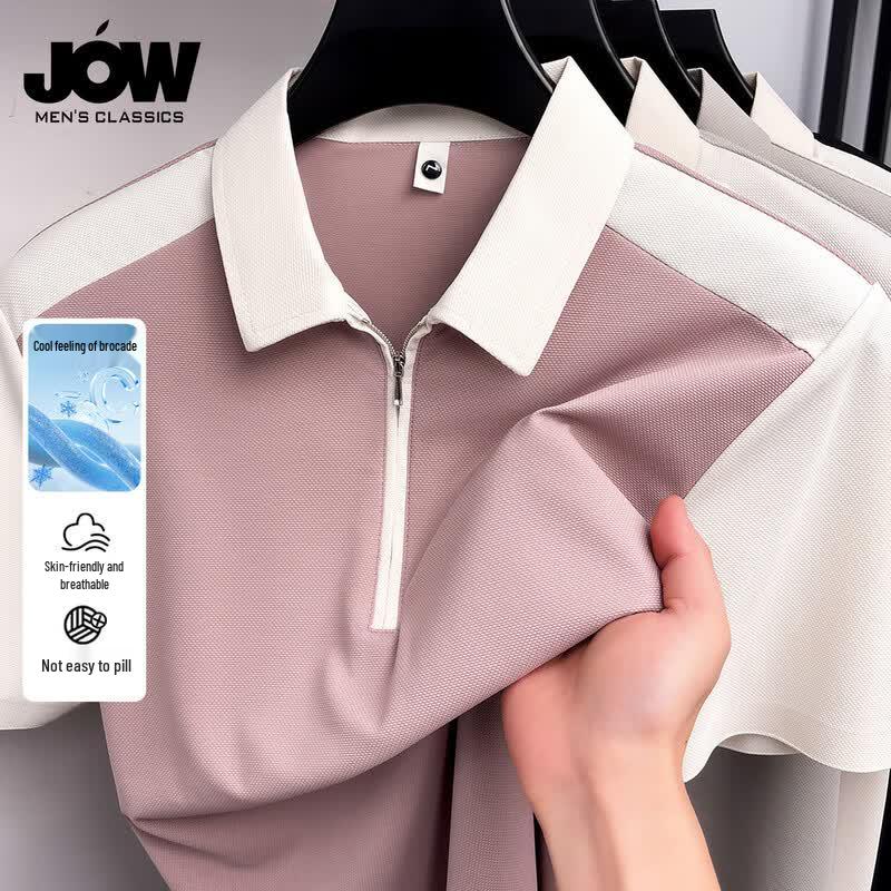 JOW Men s Ice Silk Zipper Collar Polo Shirt 4XL