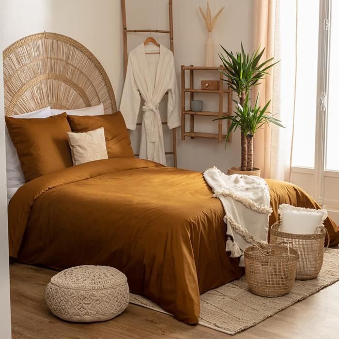 Housse De Couette - Ocre - 220 X 240 Cm - 100% Percale De Coton - 2 Taies Incluses - Oeko-Tex®