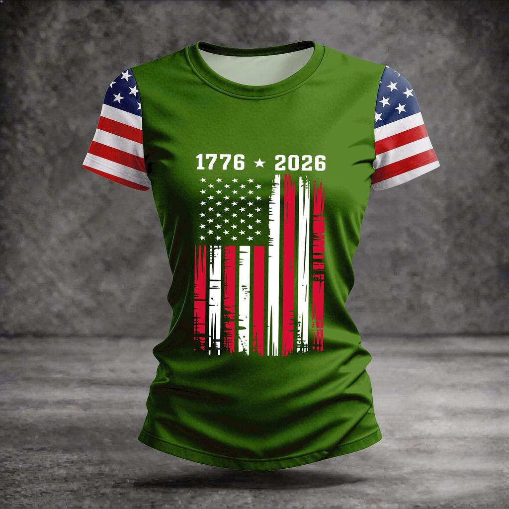 Women’s Short Sleeve Crew Neck T Shirt with 1776 2026 Print and Distressed Flag Graphic Casual Top