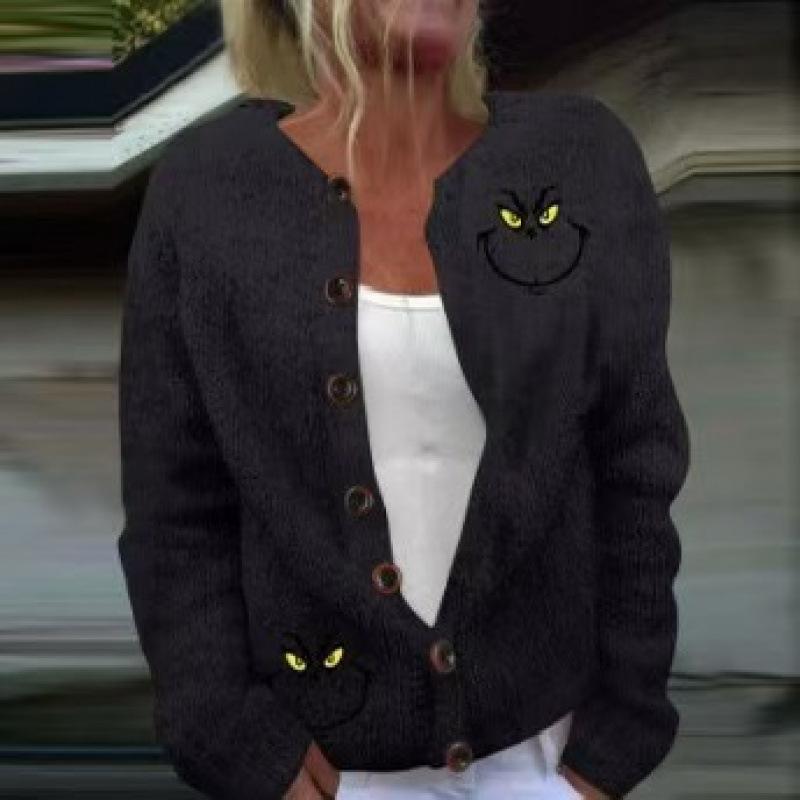 Cardigan Tricot Femme Col Rond Boutonnage Simple Imprimé Floral Manches Longues Vêtement d'Extérieur Décontracté