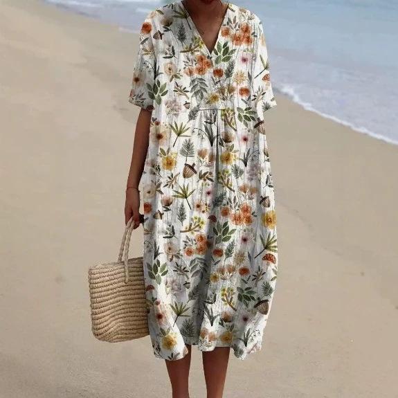 New Imitation Cotton Large Size Women's Shirt Short Sleeve Dress Ocean Vacation Company