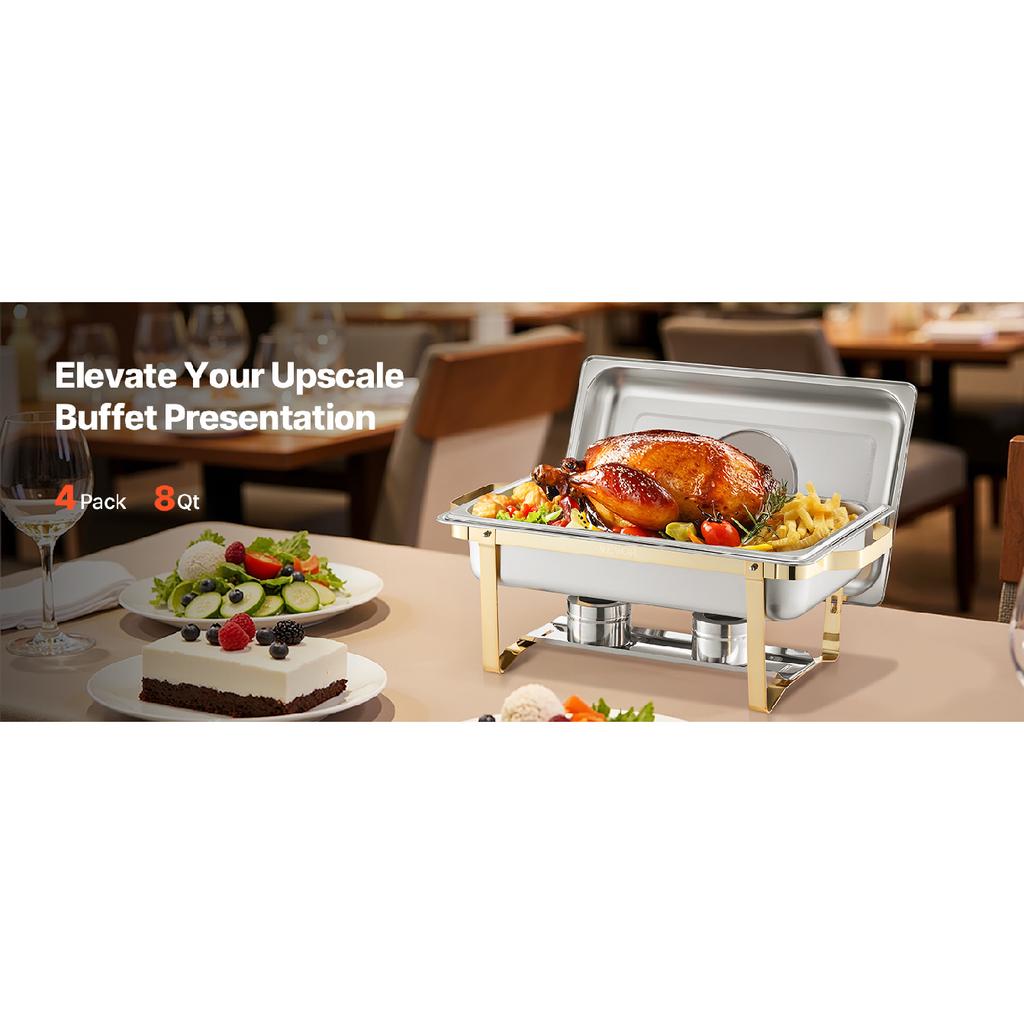 VEVOR Chafing Dish Buffet Set 8 Qt Stainless Steel Chafer with  Full Size Pans Rectangle Catering Warmer Server with Glass Lid