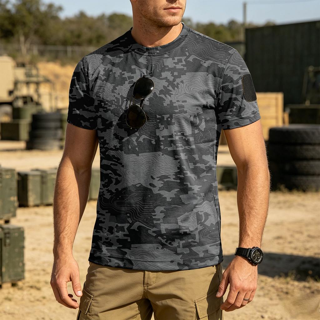 Men's Tactical Outdoor Quick-Dry T-Shirt with Velcro Patch Area Loose Fit Breathable Round Neck Camouflage Print