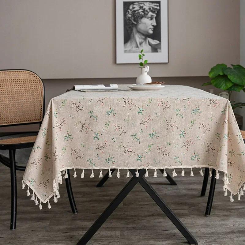 Green Printed Pines Birds Tablecloths Rectangle Cotton Linen Table Cloth Table Cover for Kitchen Dining Tables Picnic Decoration
