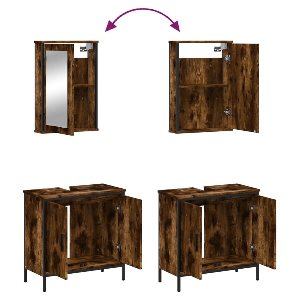 2 Piece Bathroom Furniture Set Smoked Oak Wood Based Material