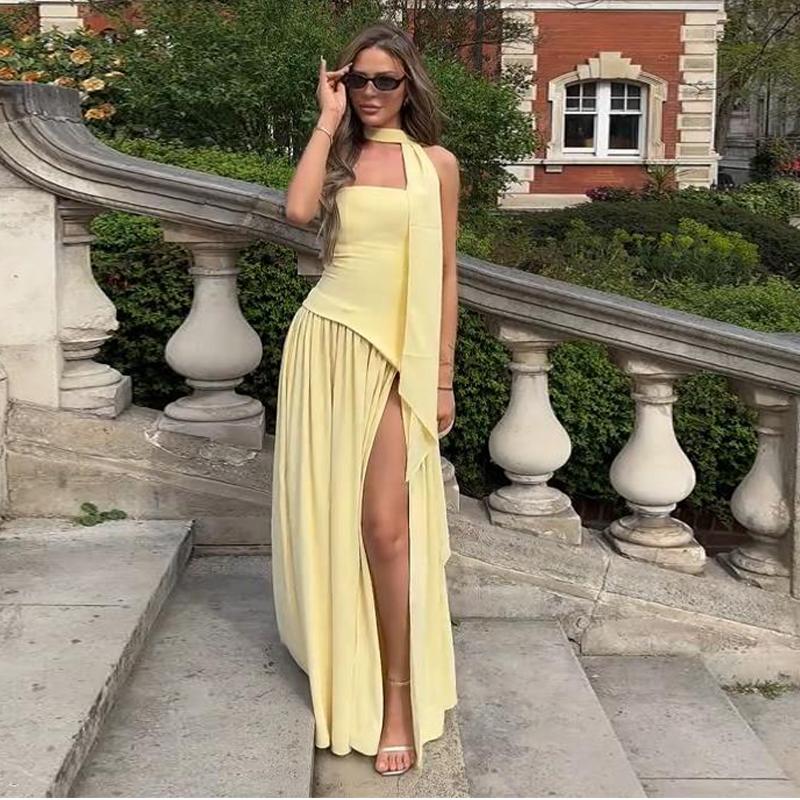 Mode Patchwork Schlitz Trägerloses Kleid Damen Elegant Ärmellos Rückenfrei Langes Kleid 2025 Sommer Neu Damen Abendparty Roben