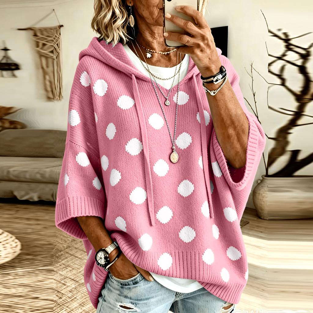 Women's Polka Dot Knit Hoodie Sweater with Drawstring Hood