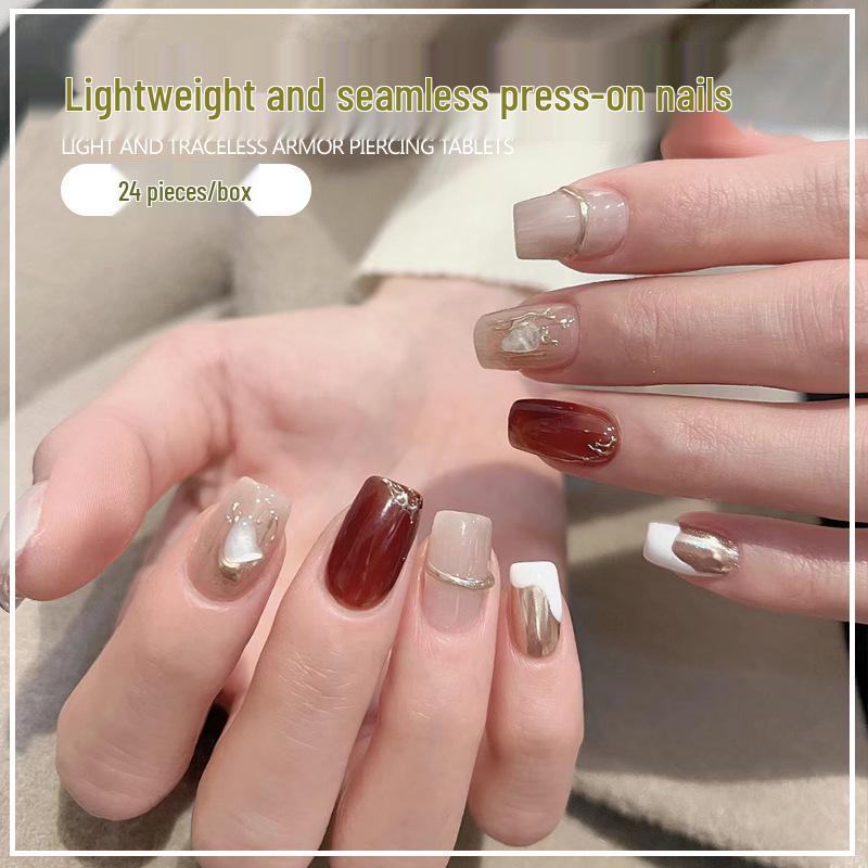 Short Wine Red Glitter Press-On Nails with Gold Foil - Handmade Nail Art Patches for Students