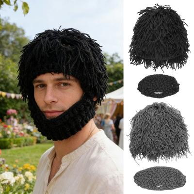 Kinderhut mit abnehmbarem Schnurrbart Warmer weicher Garn Punk-Stil Gerades Haar Perücke Gestrickter Bart Cosplay Halloween Hut