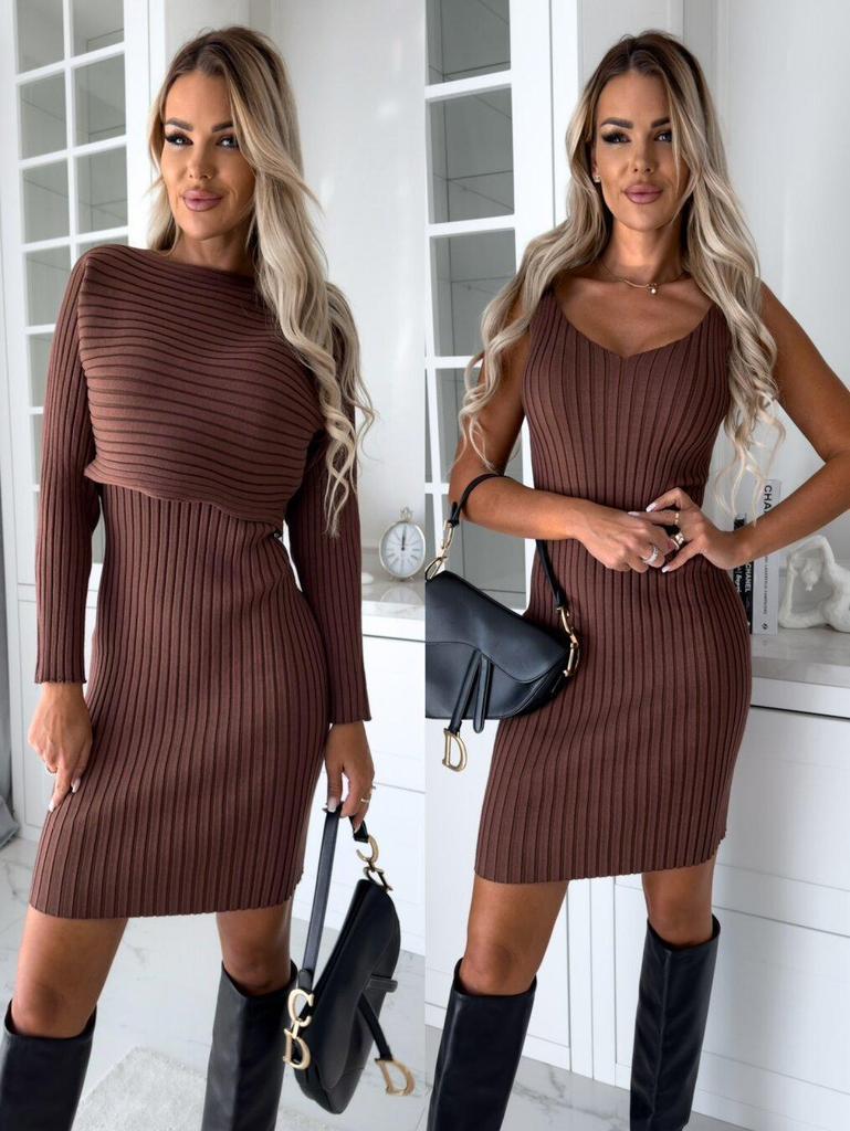 2023 European and American Autumn Fashion Set: Ribbed Long-Sleeved Top + Camisole Dress for Women
