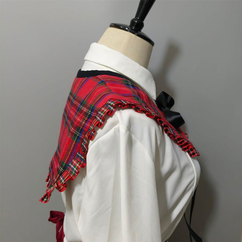 Decorative Ruffled Trim False Collar Neckline for Women Vintage Checkered Plaids Shawl Scarf Bows Tie Capelet Ponchos