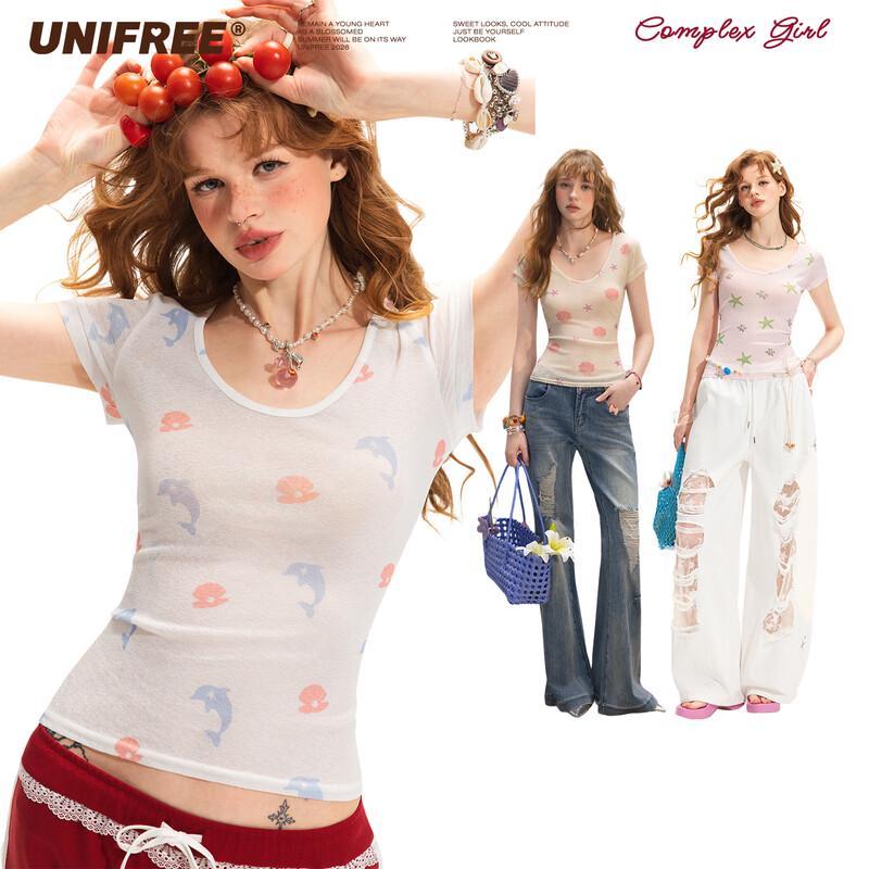 UNIFREE Ocean Print U-Neck Slim Fit T-Shirt M