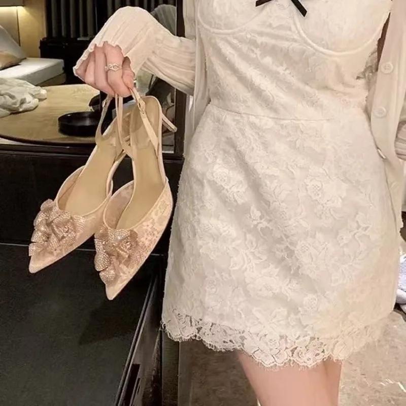 Fashion Womens Sandals with Flower Straight Buckle Strap Cose Toes Slim Heel Non Slip Versatile 2025 Summer Outdoor Mesh Fashion Sandals