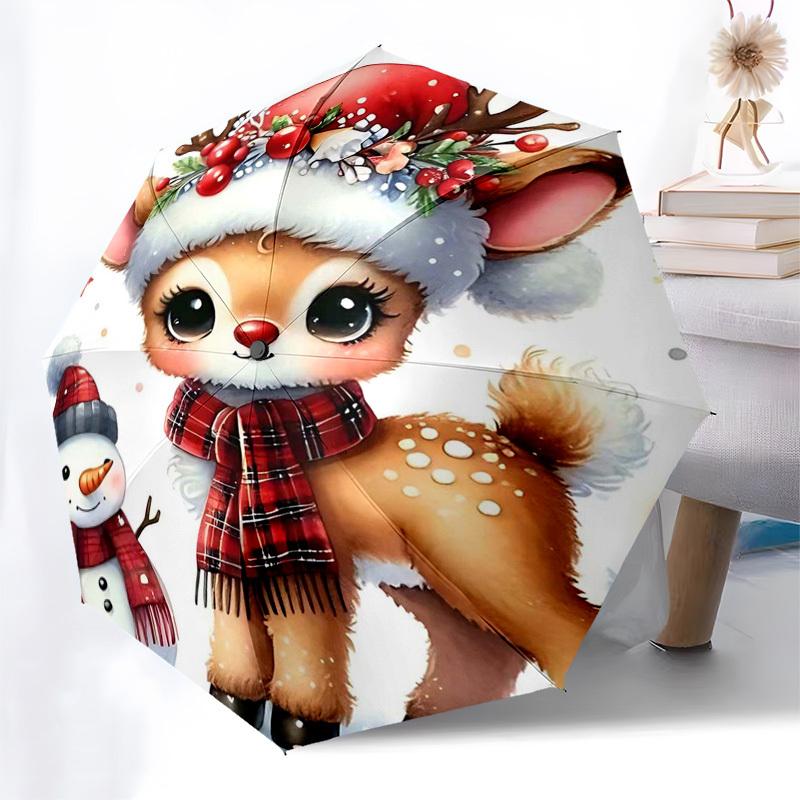 

1pc Christmas Deer & Snowman Auto Open Close Umbrella, Portable 3-Fold Design with 8-Bone Iron Frame, Outdoor for Fans, Travelers, Daily Use, Festive