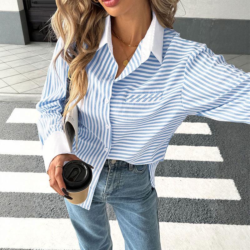 Baifen Zhi Yi Spring/Autumn Color Block Lapel Striped Long Sleeve Shirt for 2025 M синий