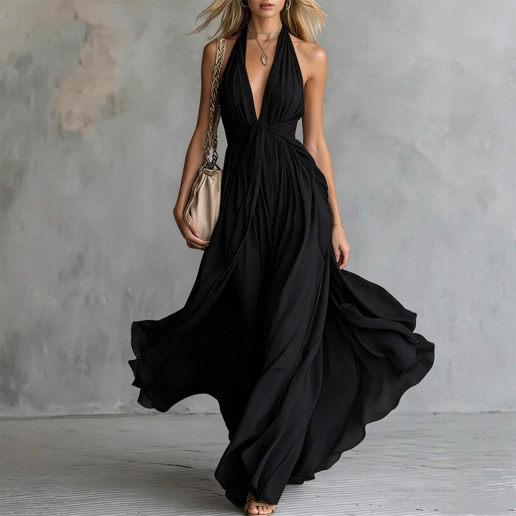 European and American women's new sexy solid color V-neck sleeveless waist, neck dress