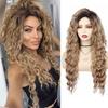 Long Curly Blonde Wigs for Women Synthetic Ombre Wig with Bangs Costume Wig for Girls Sexy Blond Wigs with Black Roots