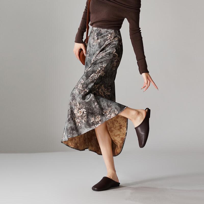 SOFSIL 2026 Spring Chinese Print Fishtail Midi Skirt