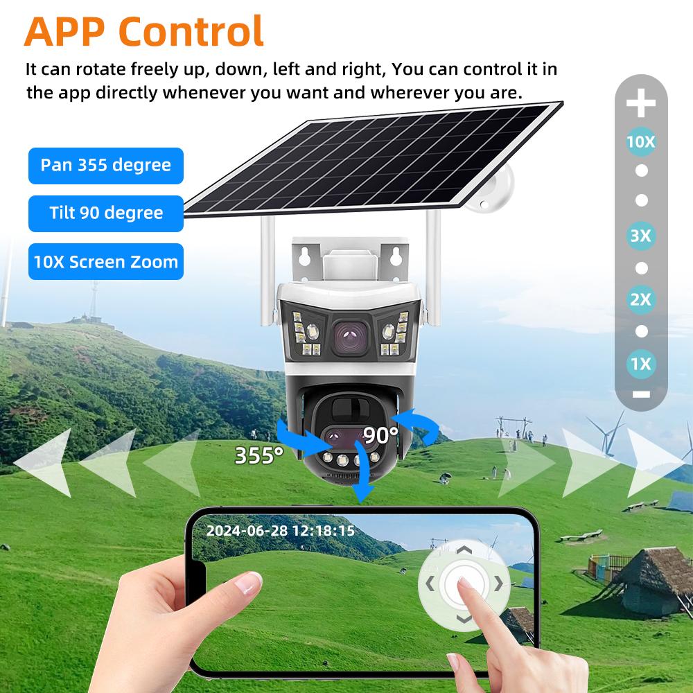 HD 10x Zoom Solar-powered Camera, Dual-lens Three-view Monitoring, PTZ Automatic Tracking CCTV, Wireless WIFI/4G Security Camera